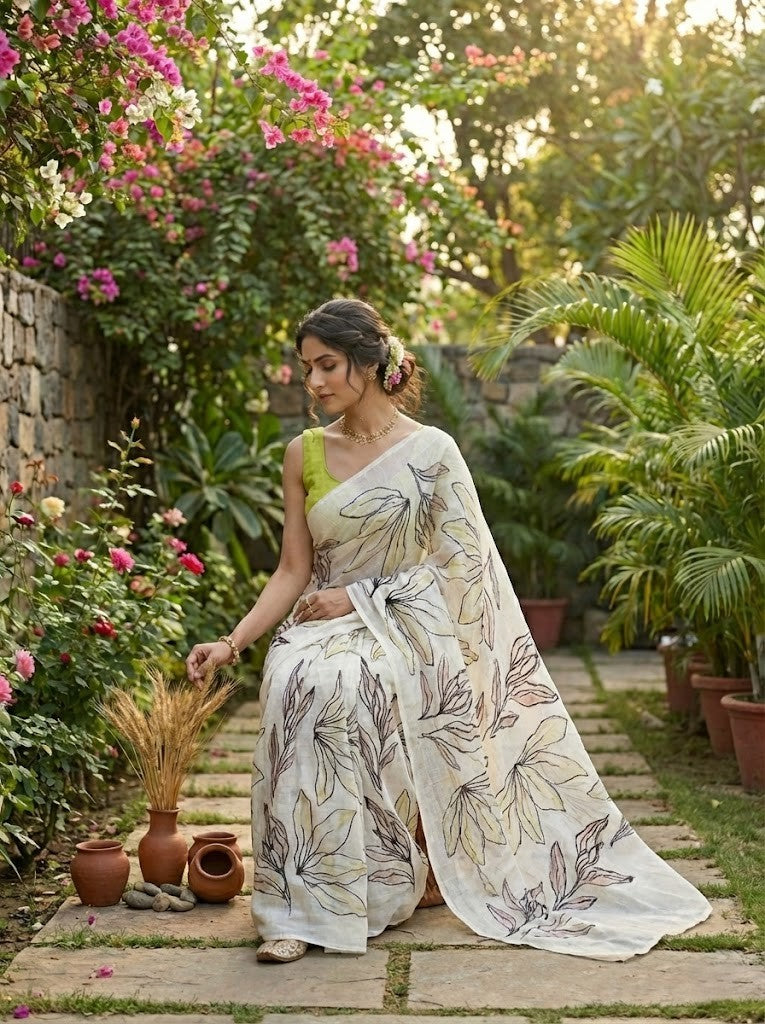 Ivory Mul Chanderi Saree With Embroidery Detailing