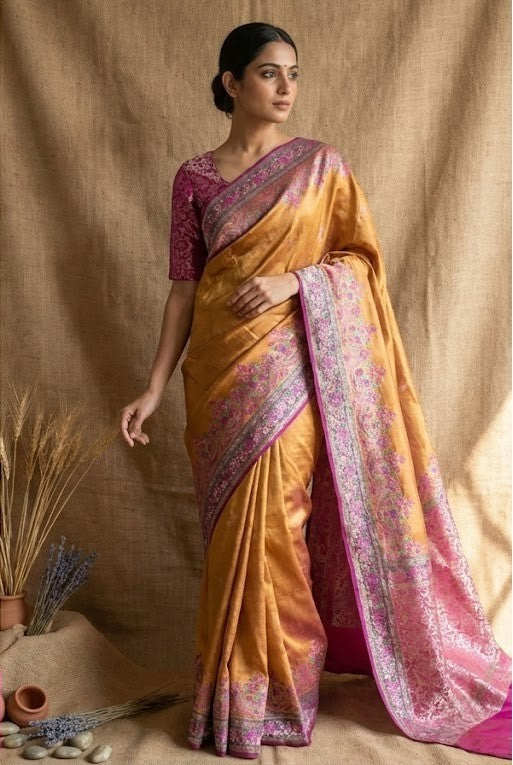 Mustard Yellow Kanni Silk Pashmina Saree