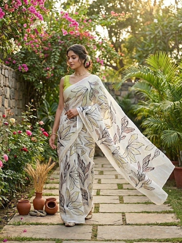 Ivory Mul Chanderi Saree With Embroidery Detailing