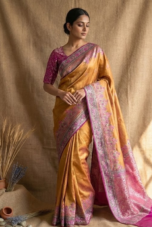 Mustard Yellow Kanni Silk Pashmina Saree