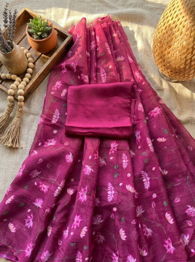Dark Pink Floral Mul Chanderi Saree