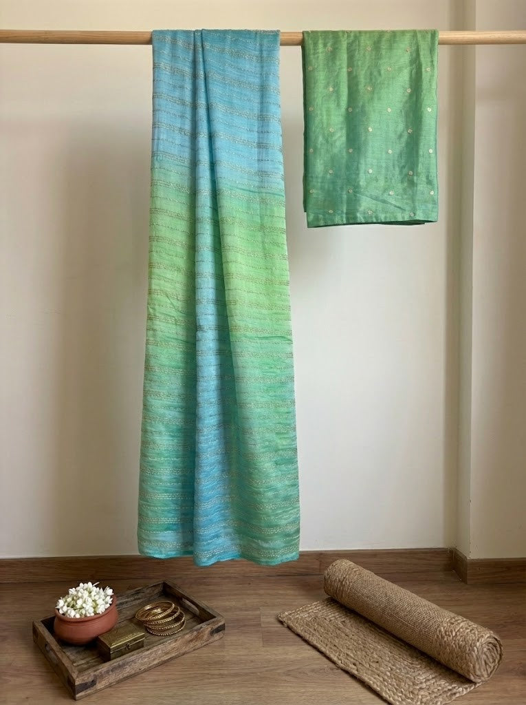 Green Blue Ombre Mul Chanderi Saree
