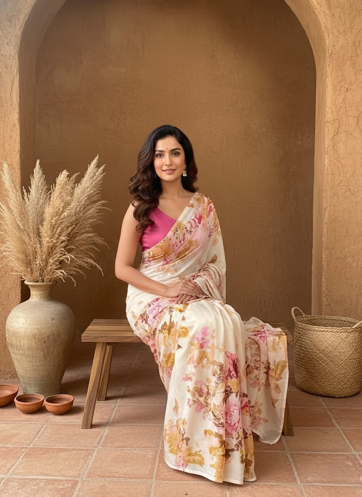 Floral Satin Chiffon Saree