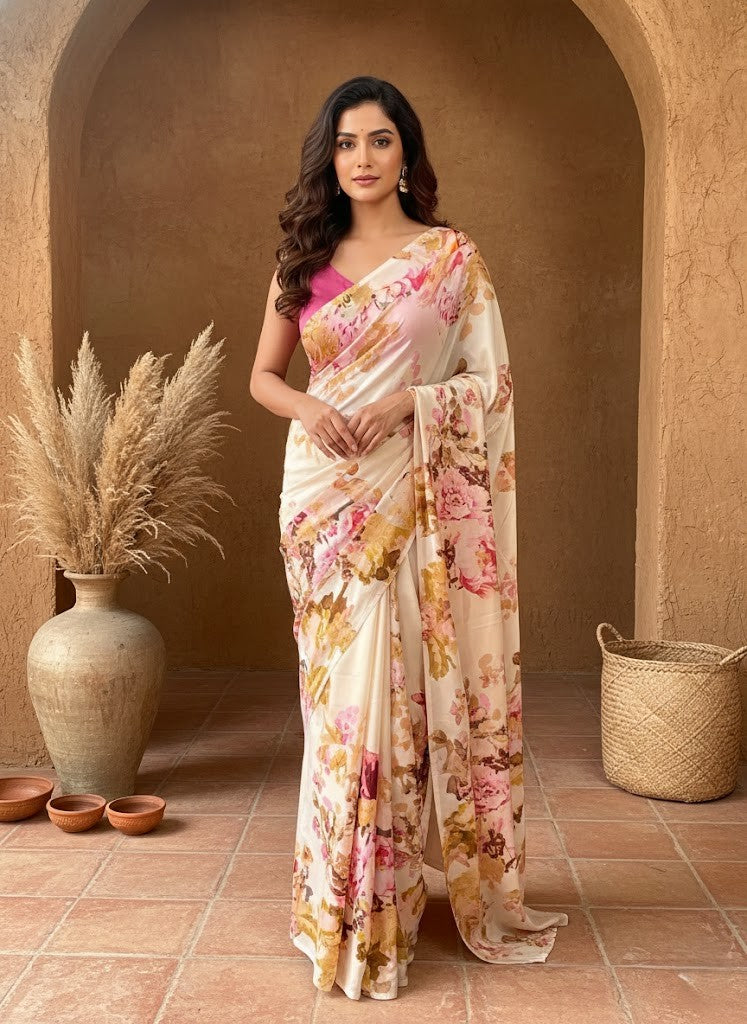 Floral Satin Chiffon Saree