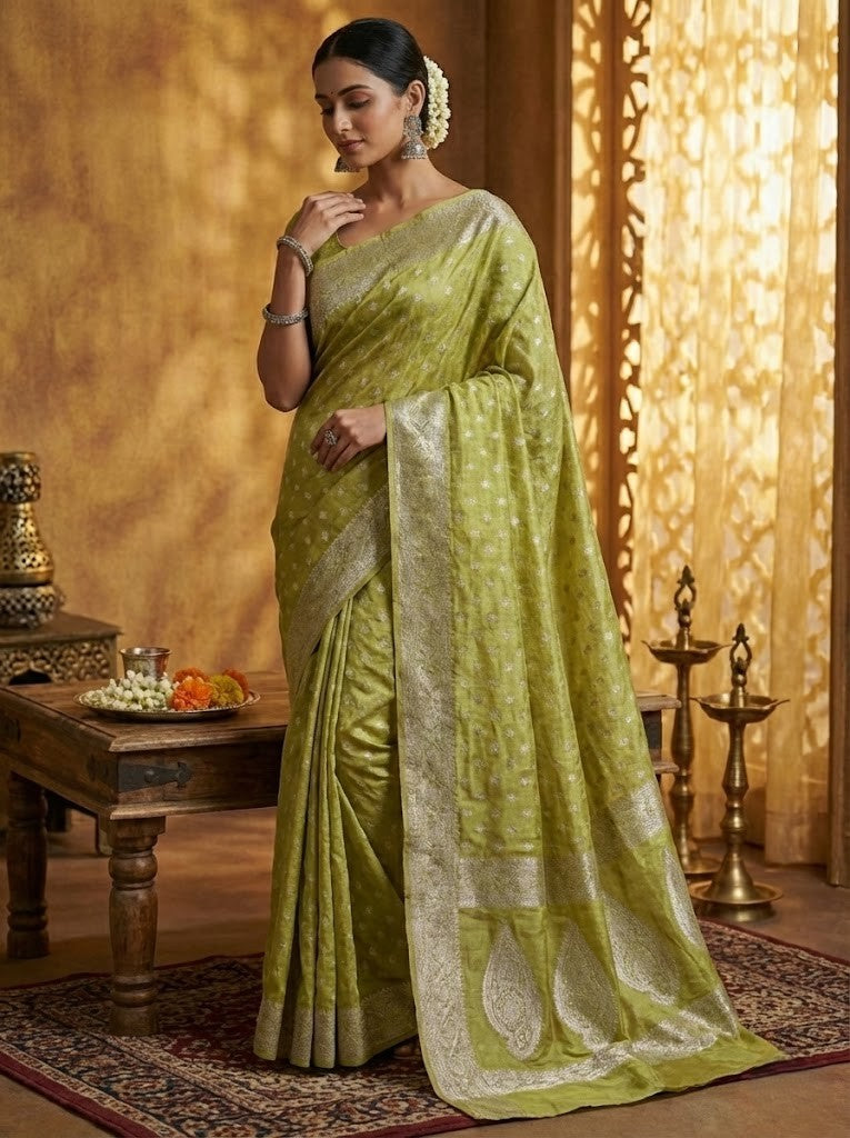 Mehendi Green Silk Saree With Silver Zari Work
