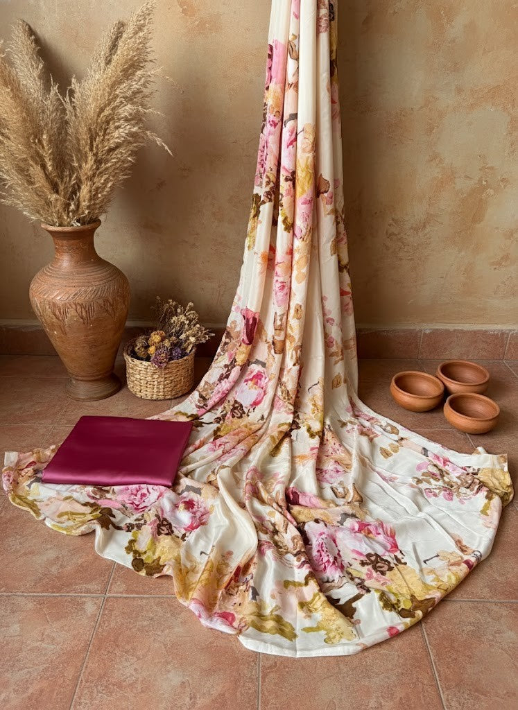 Floral Satin Chiffon Saree