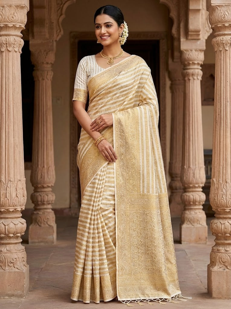 White Semi Silk Benaresi Saree